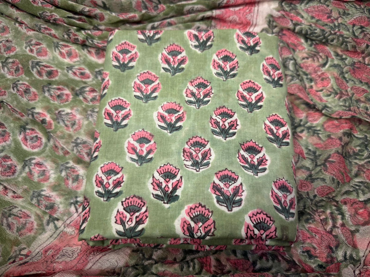 Hand Block Bagru and Sanganeri Printed Cotton 3PC Unstiched Suit With Chiffon Dupatta