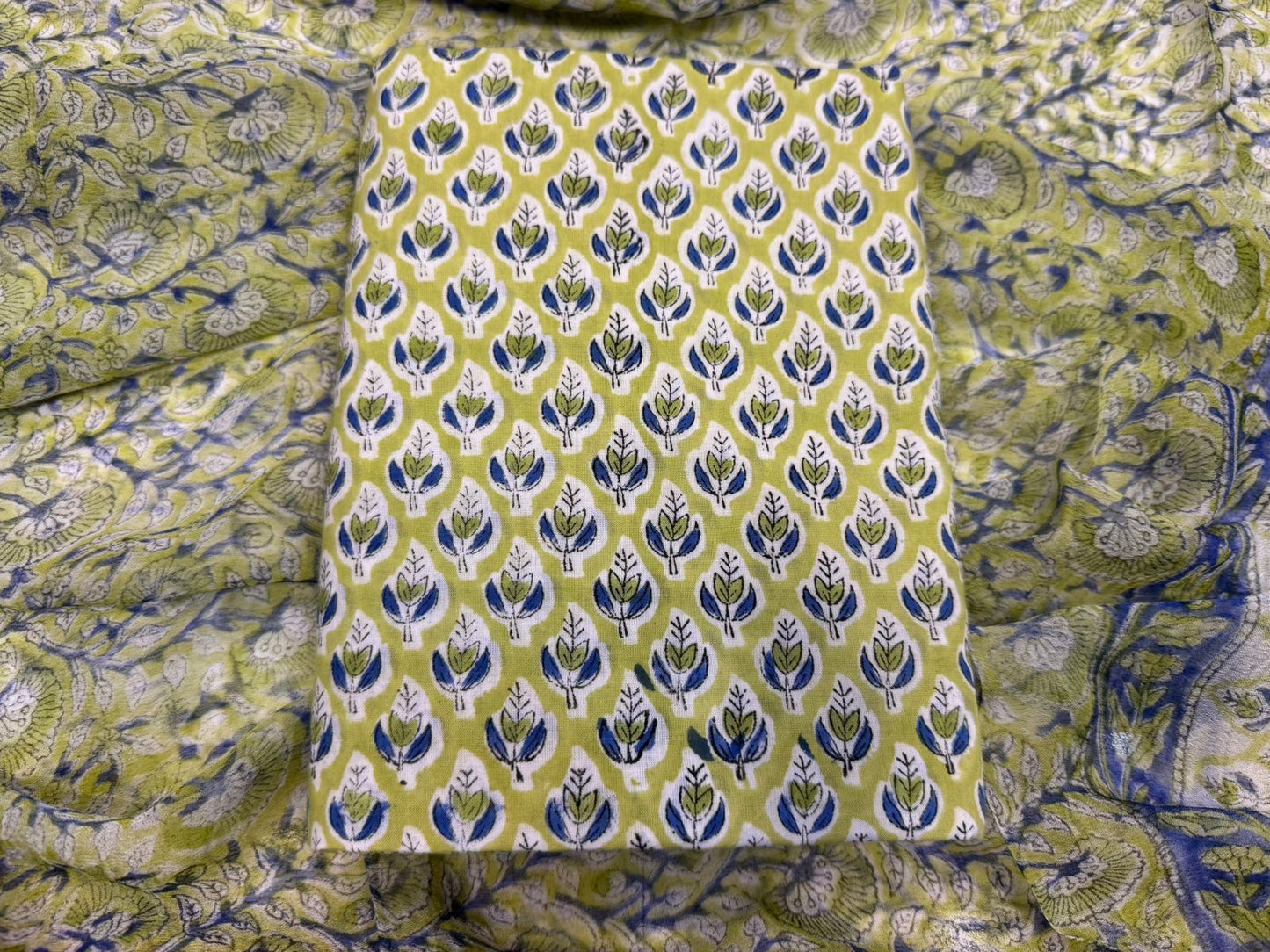 Hand Block Bagru and Sanganeri Printed Cotton 3PC Unstiched Suit With Chiffon Dupatta