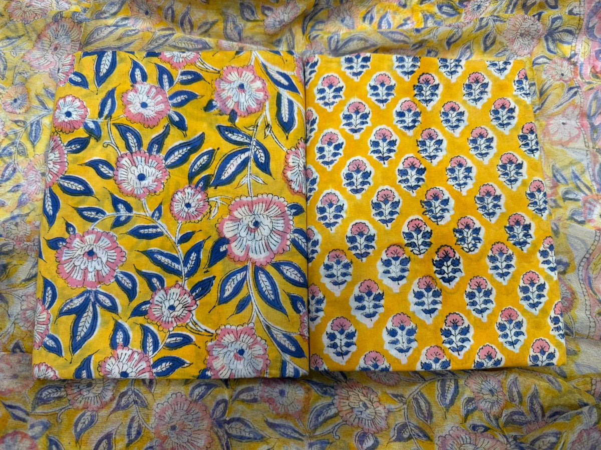 Hand Block Bagru and Sanganeri Printed Cotton 3PC Unstiched Suit With Chiffon Dupatta