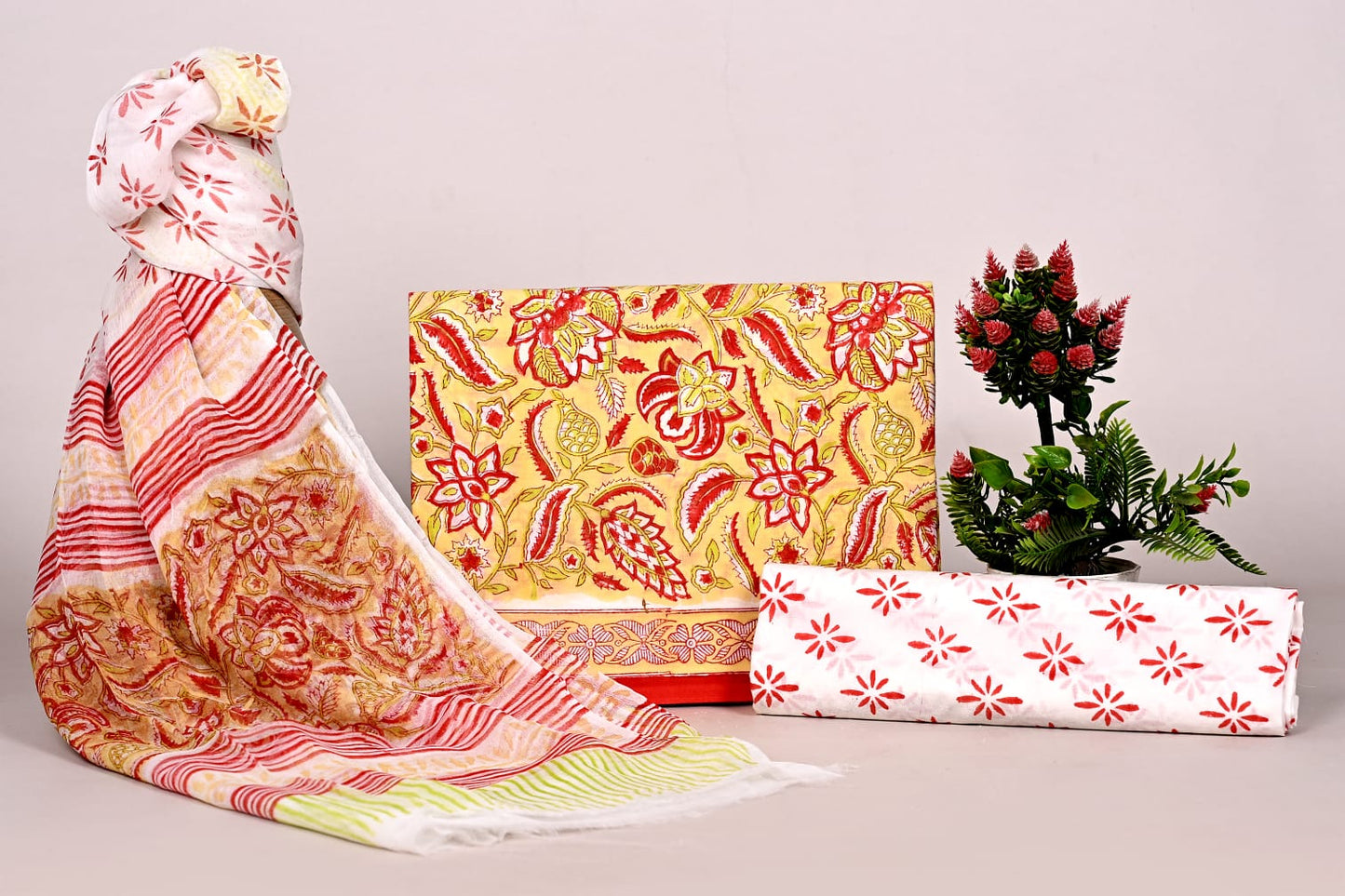Hand Block Bagru and Sanganeri Printed Cotton 3PC Unstiched Suit With Chiffon Dupatta