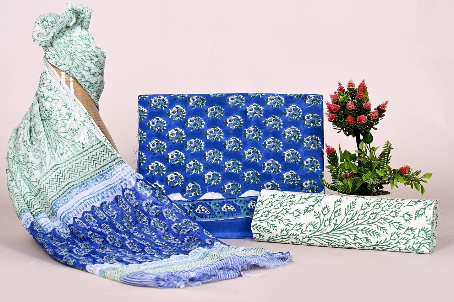 Hand Block Bagru and Sanganeri Printed Cotton 3PC Unstiched Suit With Chiffon Dupatta