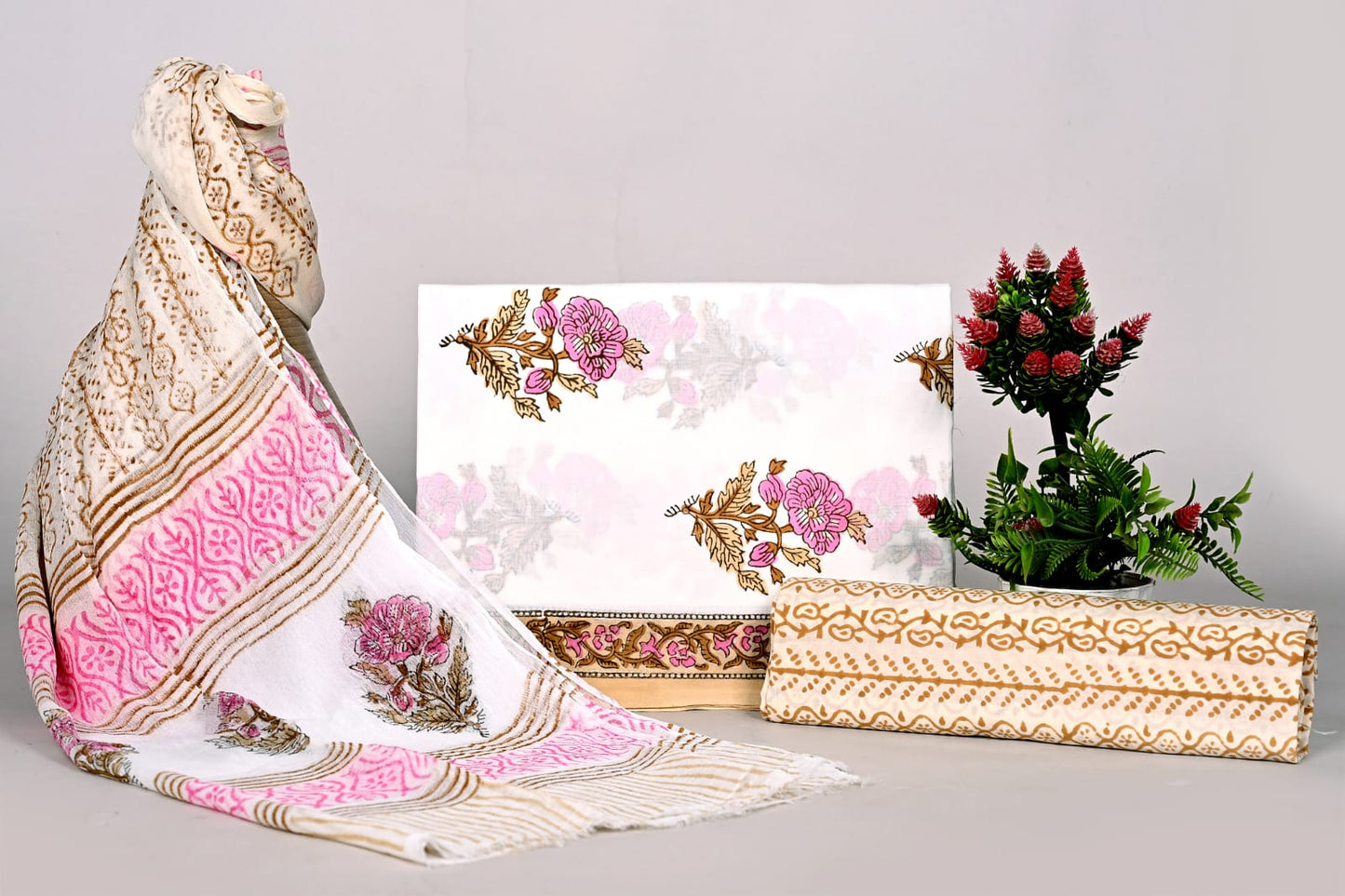 Hand Block Bagru and Sanganeri Printed Cotton 3PC Unstiched Suit With Chiffon Dupatta