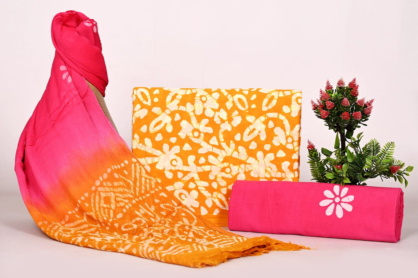 Hand Block Bagru and Sanganeri Printed Cotton 3PC Unstiched Suit With Chiffon Dupatta