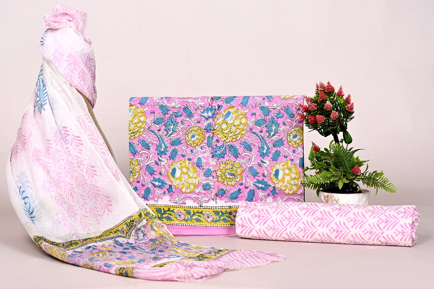 Hand Block Bagru and Sanganeri Printed Cotton 3PC Unstiched Suit With Chiffon Dupatta