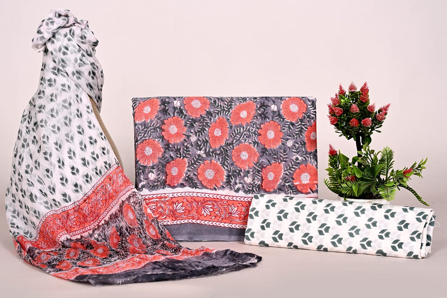 Hand Block Bagru and Sanganeri Printed Cotton 3PC Unstiched Suit With Chiffon Dupatta