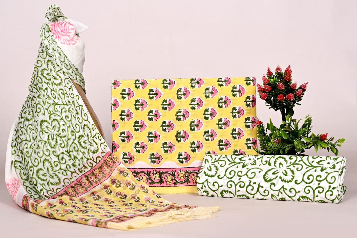 Hand Block Bagru and Sanganeri Printed Cotton 3PC Unstiched Suit With Chiffon Dupatta