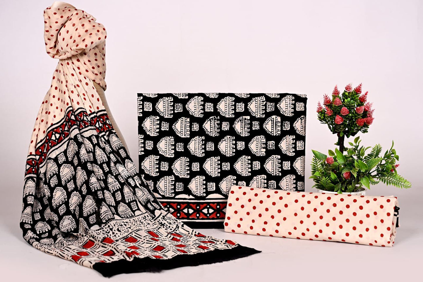 Hand Block Bagru and Sanganeri Printed Cotton 3PC Unstiched Suit With Chiffon Dupatta