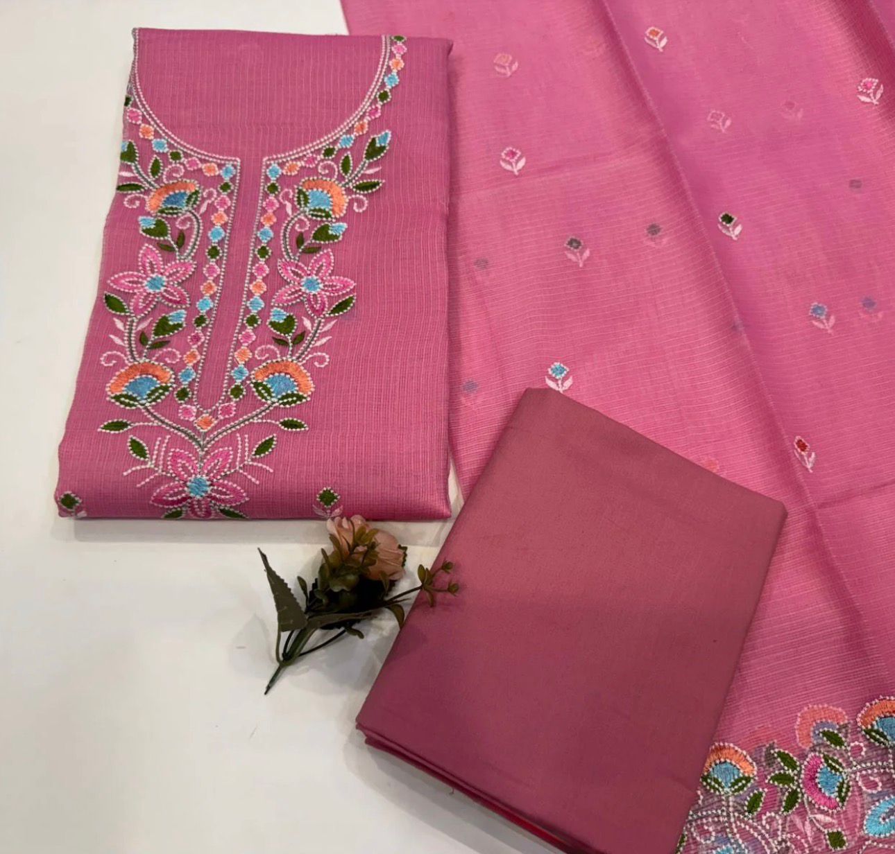 Hand Block Bagru and Sanganeri Printed Embroidred Kota Doriya 3PC Unstiched Suit With Embroidred Kota Doriya Dupatta