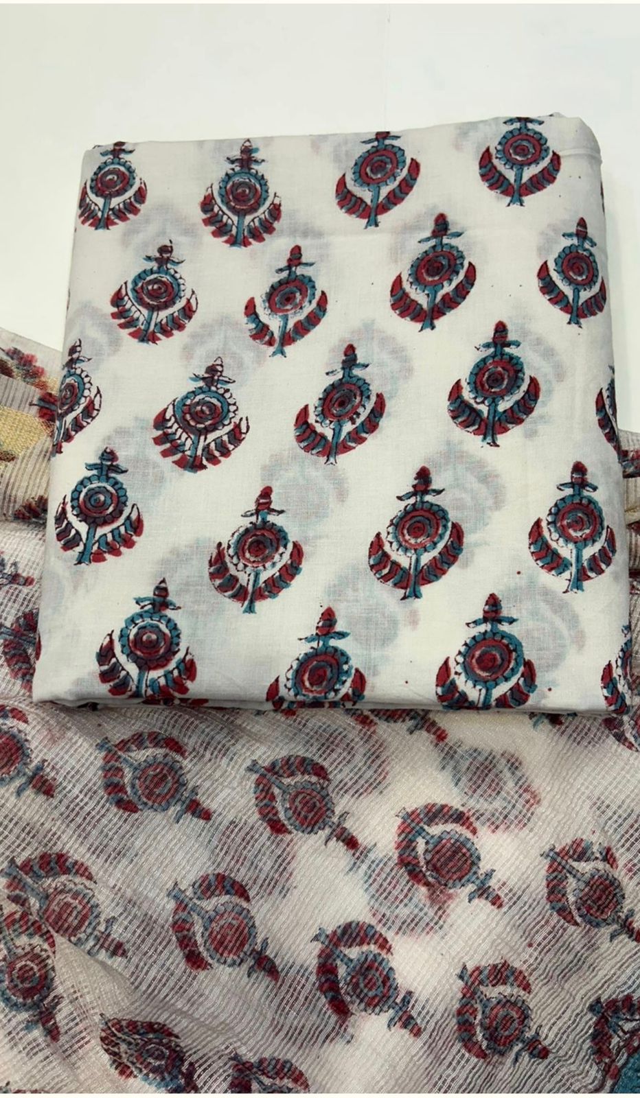 Hand Block Bagru and Sanganeri Printed Cotton 3PC Unstiched Suit With Kota Doriya Dupatta