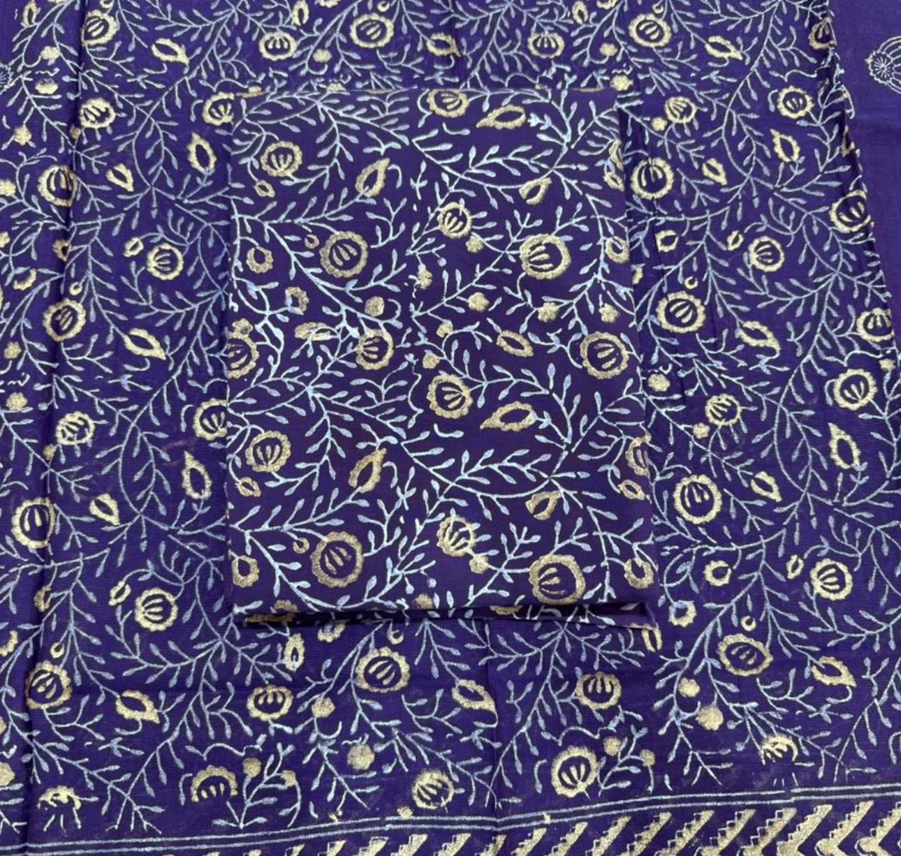 Hand Block Bagru and Sanganeri Printed Chanderi Silk 3PC Unstiched Suit With Chanderi Silk Dupatta