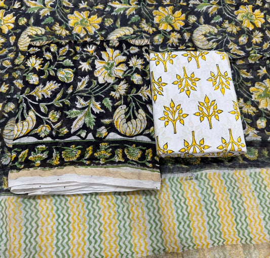 Hand Block Bagru and Sanganeri Printed Chanderi Silk 3PC Unstiched Suit With Chanderi Silk Dupatta