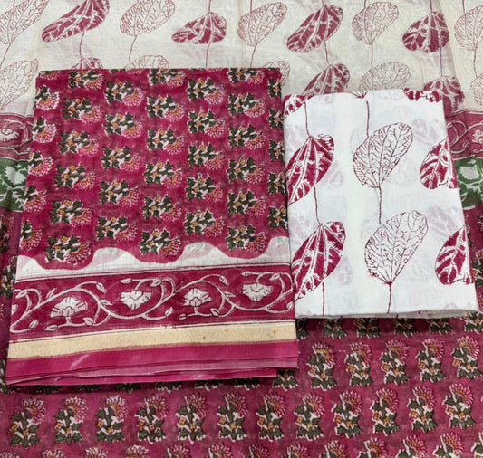 Hand Block Bagru and Sanganeri Printed Chanderi Silk 3PC Unstiched Suit With Chanderi Silk Dupatta
