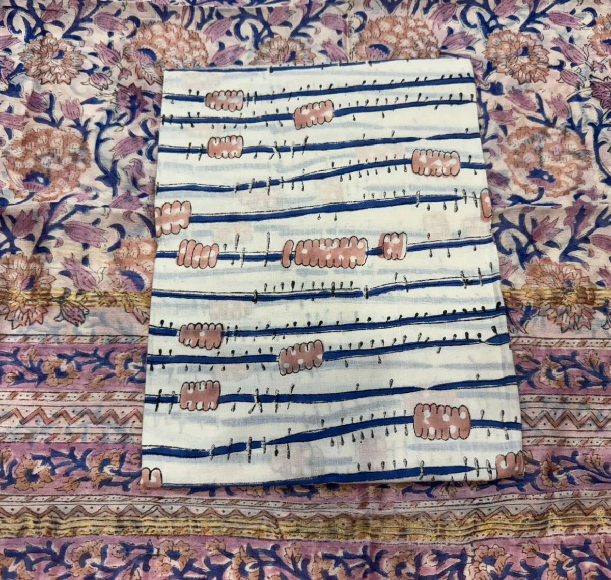 Hand Block Bagru and Sanganeri Printed Chanderi Silk 3PC Unstiched Suit With Chanderi Silk Dupatta