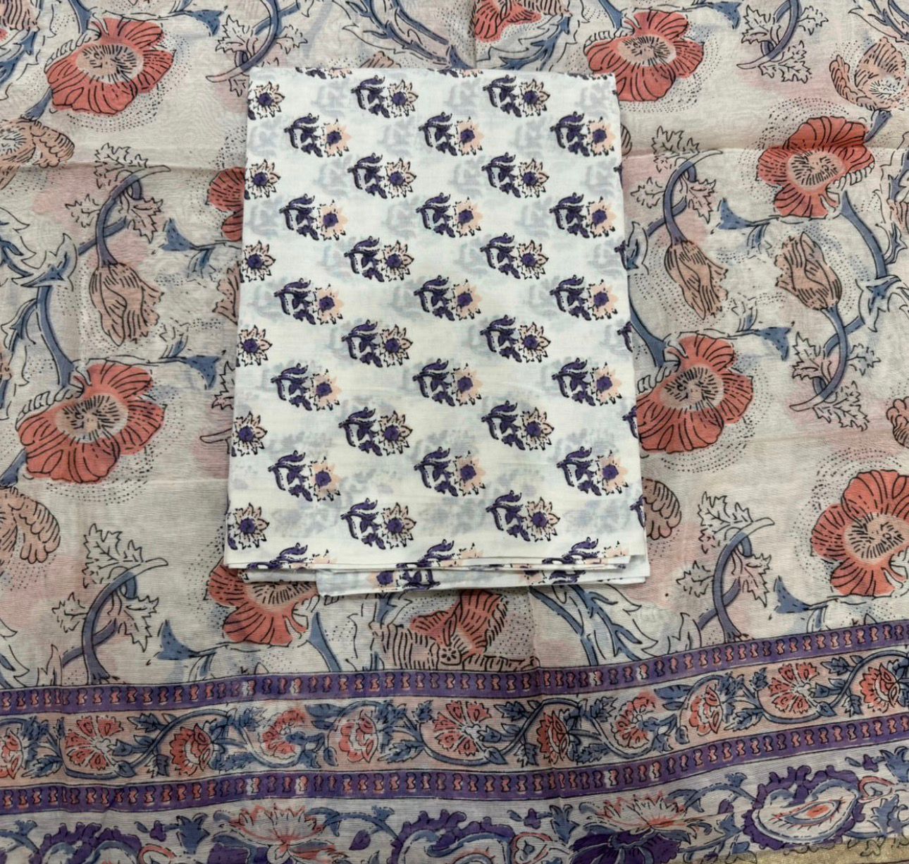 Hand Block Bagru and Sanganeri Printed Chanderi Silk 3PC Unstiched Suit With Chanderi Silk Dupatta