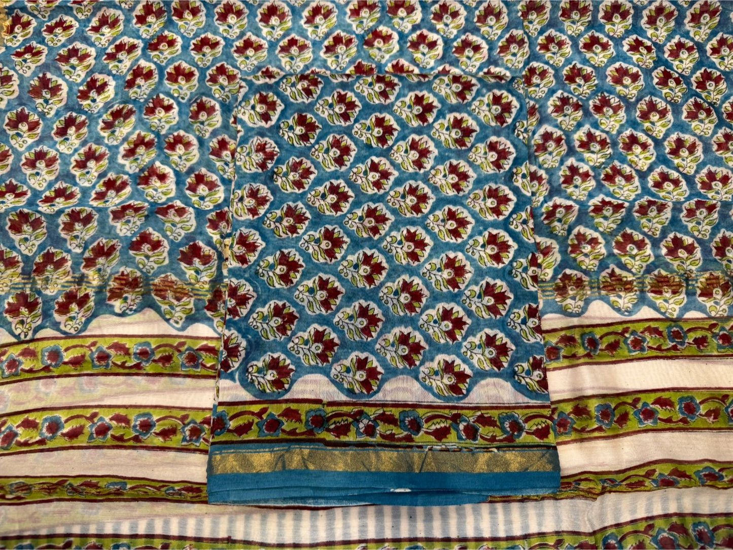 Hand Block Bagru and Sanganeri Printed Chanderi Silk 3PC Unstiched Suit With Chanderi Silk Dupatta