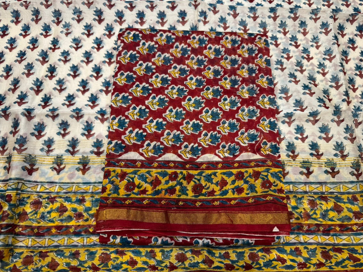 Hand Block Bagru and Sanganeri Printed Chanderi Silk 3PC Unstiched Suit With Chanderi Silk Dupatta
