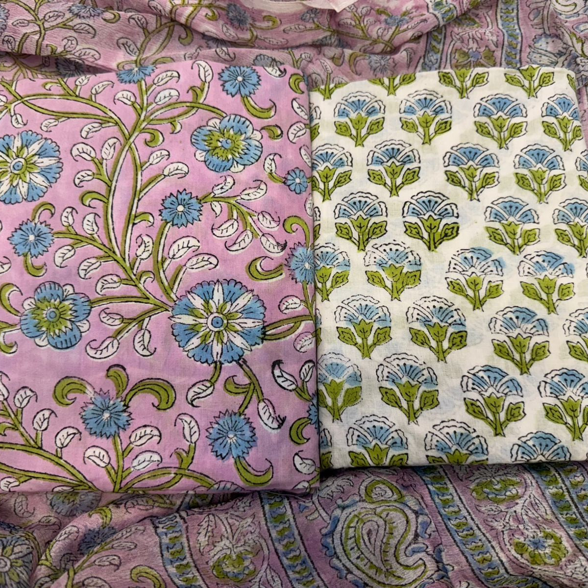 Hand Block Bagru and Sanganeri Printed Cotton 3PC Unstiched Suit With Chiffon Dupatta