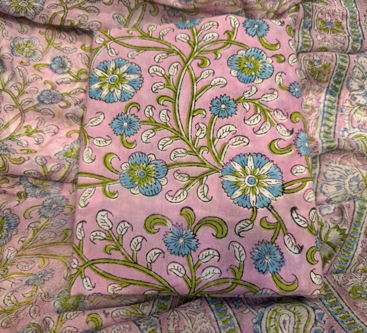Hand Block Bagru and Sanganeri Printed Cotton 3PC Unstiched Suit With Chiffon Dupatta