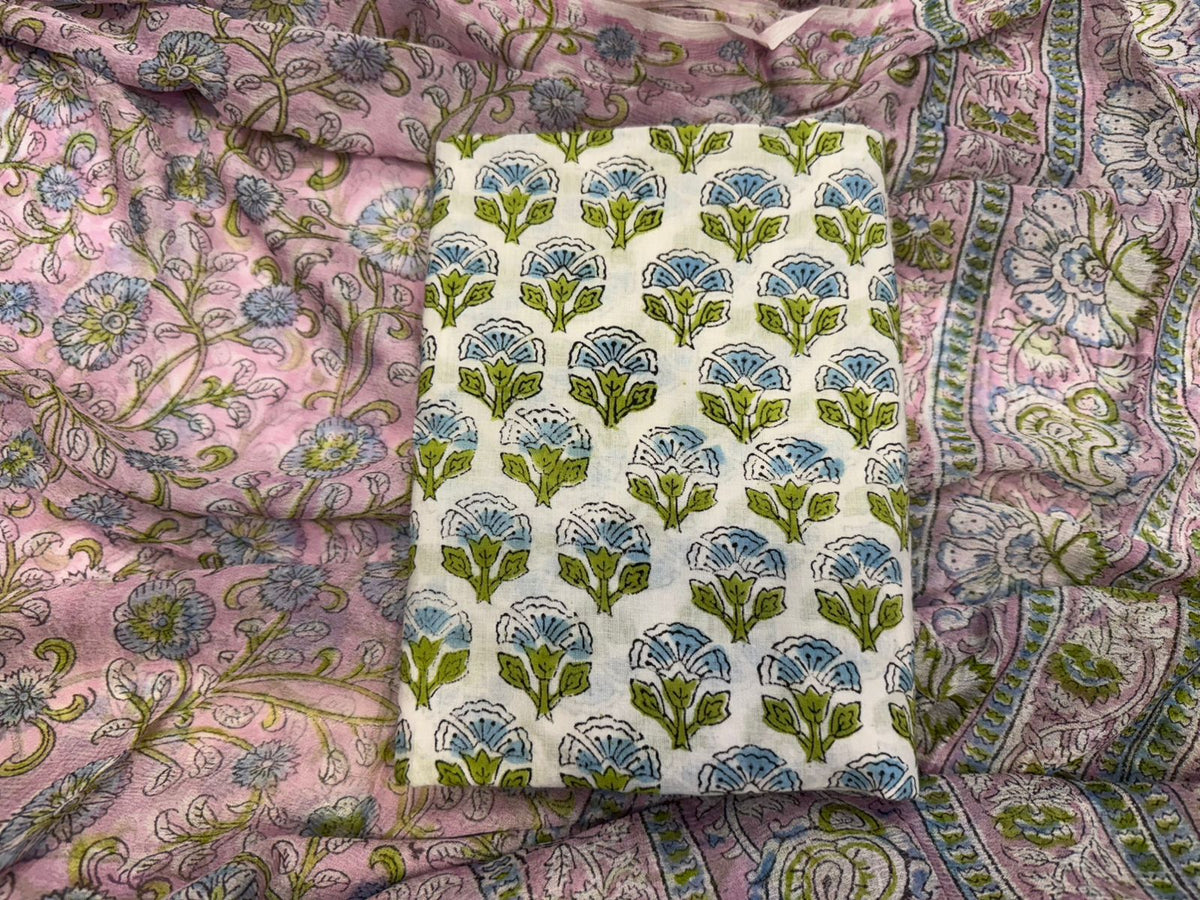 Hand Block Bagru and Sanganeri Printed Cotton 3PC Unstiched Suit With Chiffon Dupatta