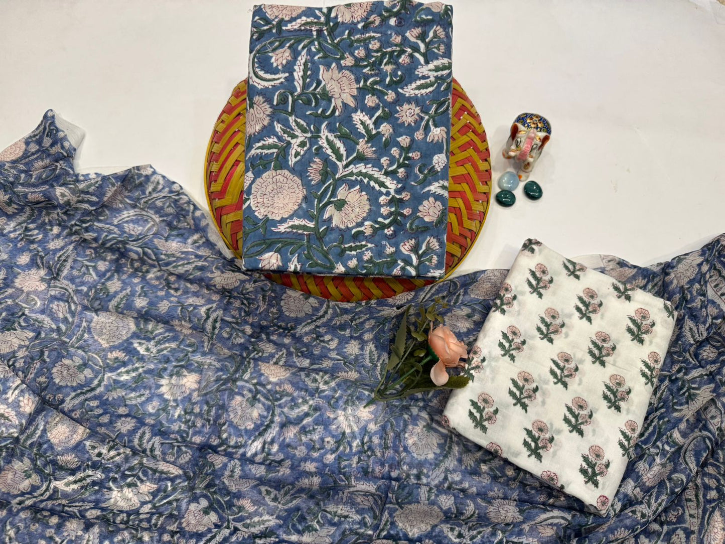Hand Block Bagru and Sanganeri Printed Cotton 3PC Unstiched Suit With Chiffon Dupatta