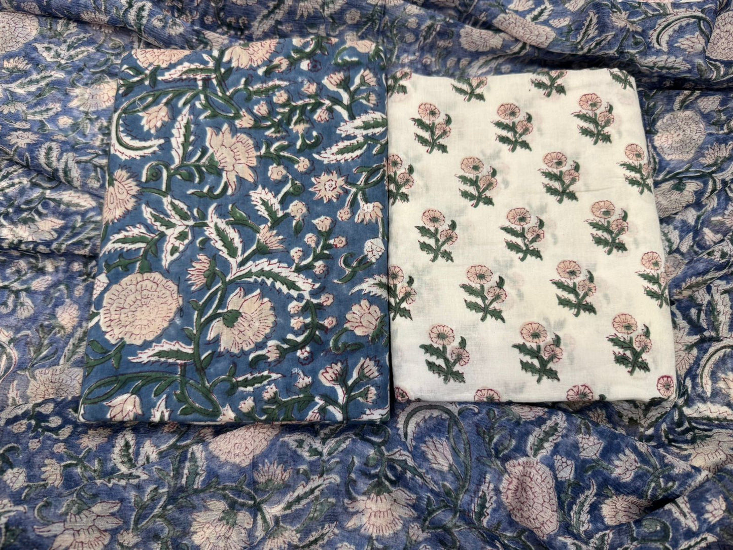 Hand Block Bagru and Sanganeri Printed Cotton 3PC Unstiched Suit With Chiffon Dupatta