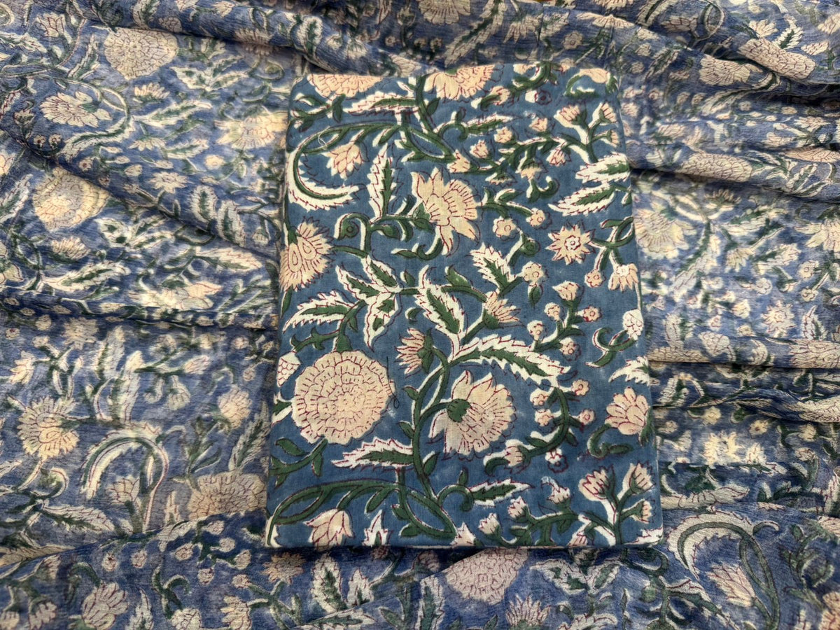 Hand Block Bagru and Sanganeri Printed Cotton 3PC Unstiched Suit With Chiffon Dupatta