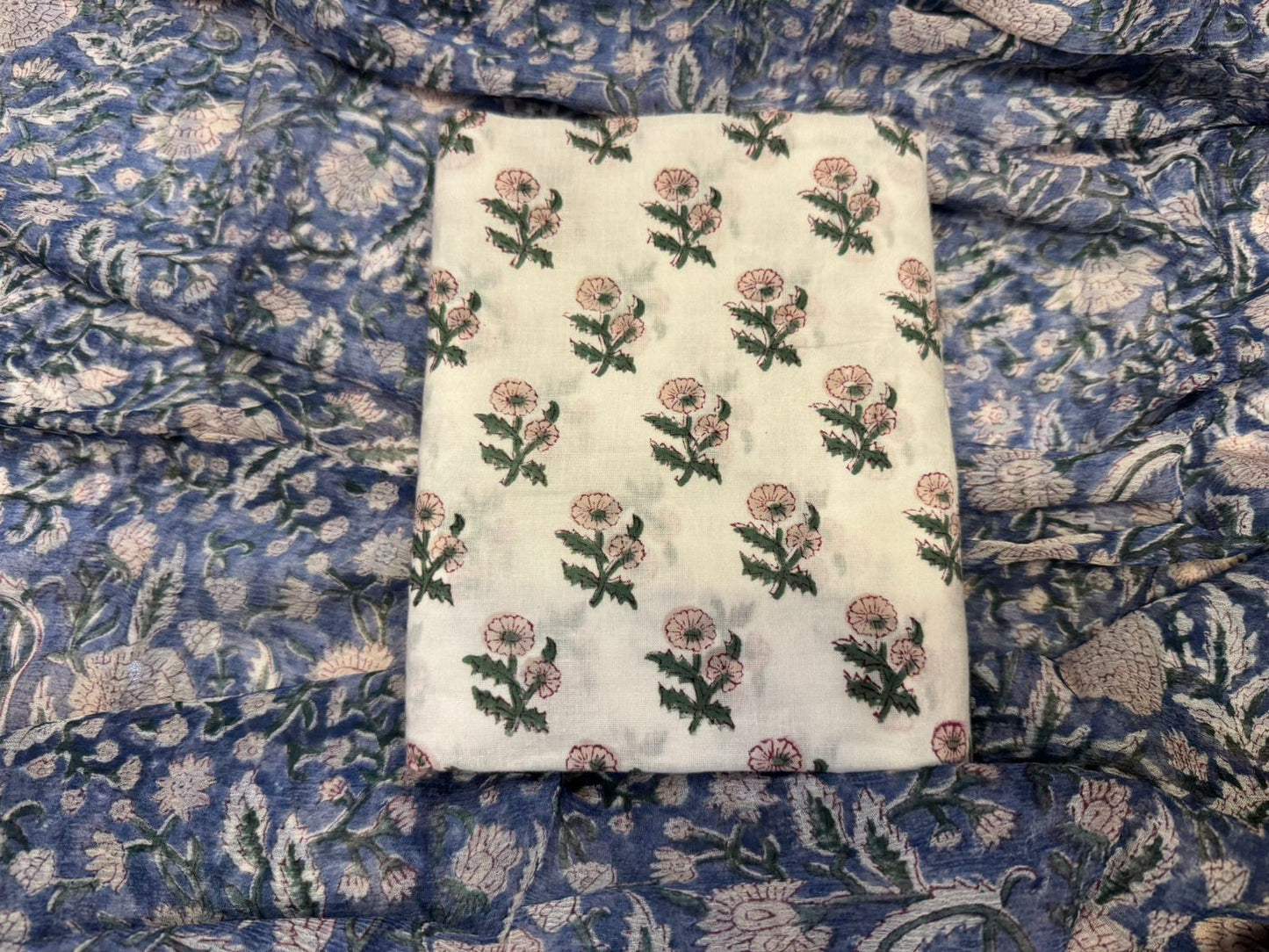 Hand Block Bagru and Sanganeri Printed Cotton 3PC Unstiched Suit With Chiffon Dupatta