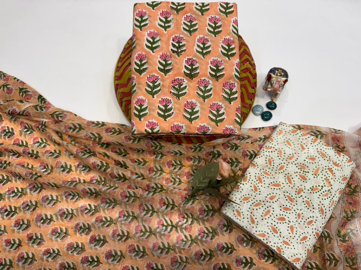 Hand Block Bagru and Sanganeri Printed Cotton 3PC Unstiched Suit With Chiffon Dupatta