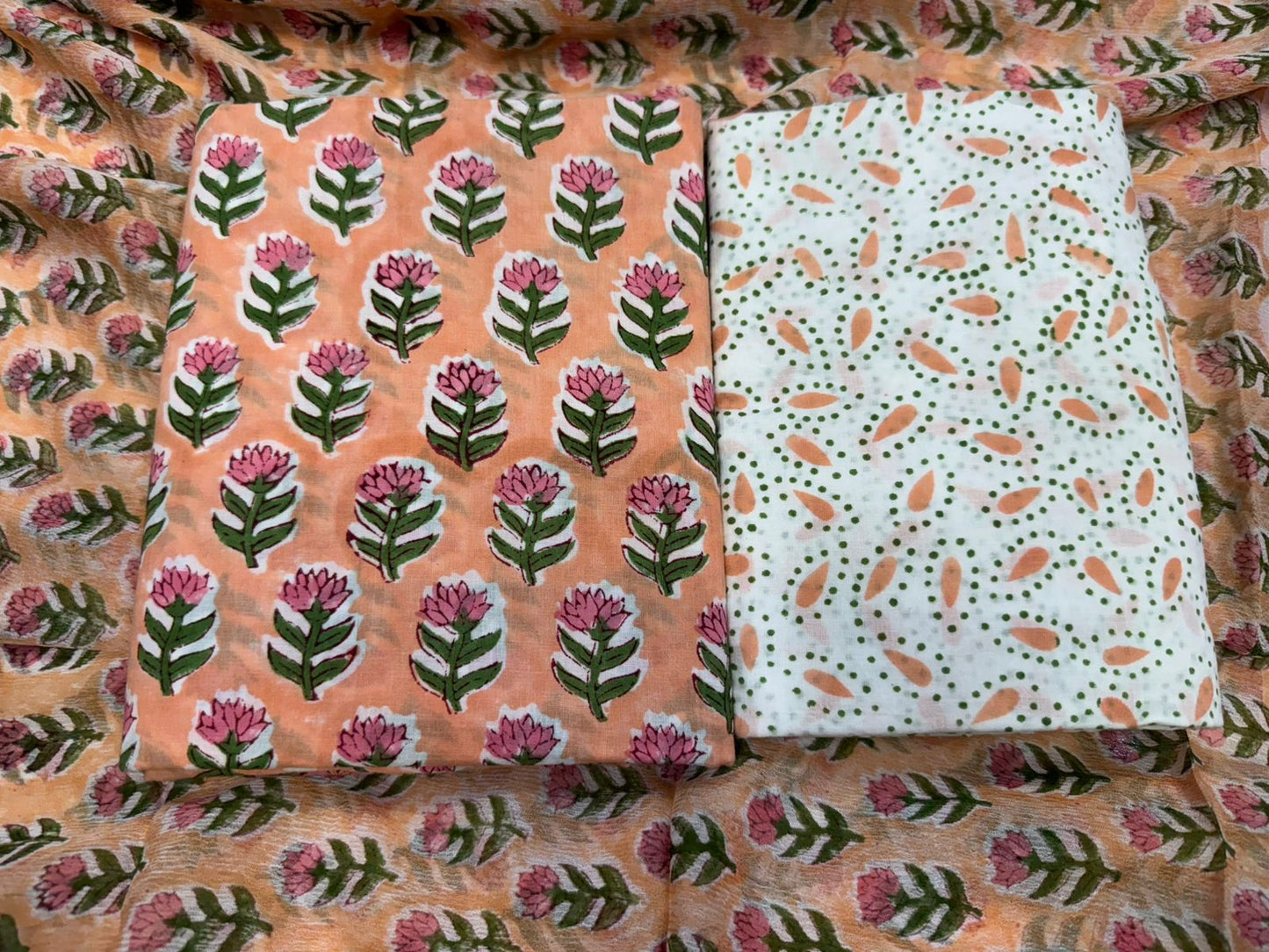 Hand Block Bagru and Sanganeri Printed Cotton 3PC Unstiched Suit With Chiffon Dupatta