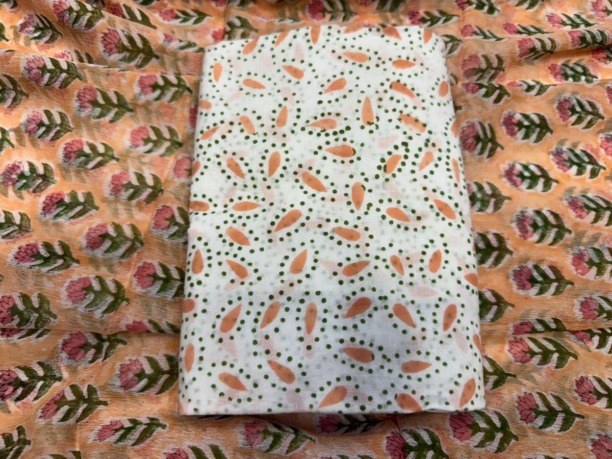 Hand Block Bagru and Sanganeri Printed Cotton 3PC Unstiched Suit With Chiffon Dupatta