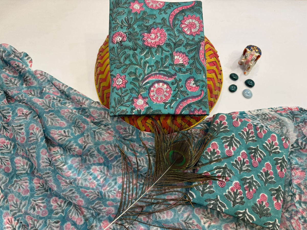 Hand Block Bagru and Sanganeri Printed Cotton 3PC Unstiched Suit With Chiffon Dupatta