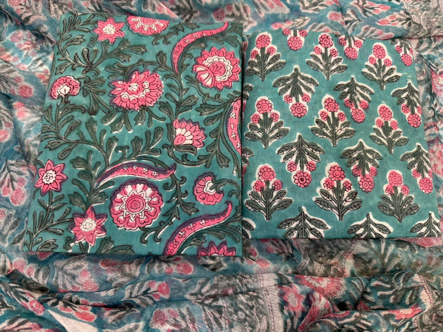 Hand Block Bagru and Sanganeri Printed Cotton 3PC Unstiched Suit With Chiffon Dupatta