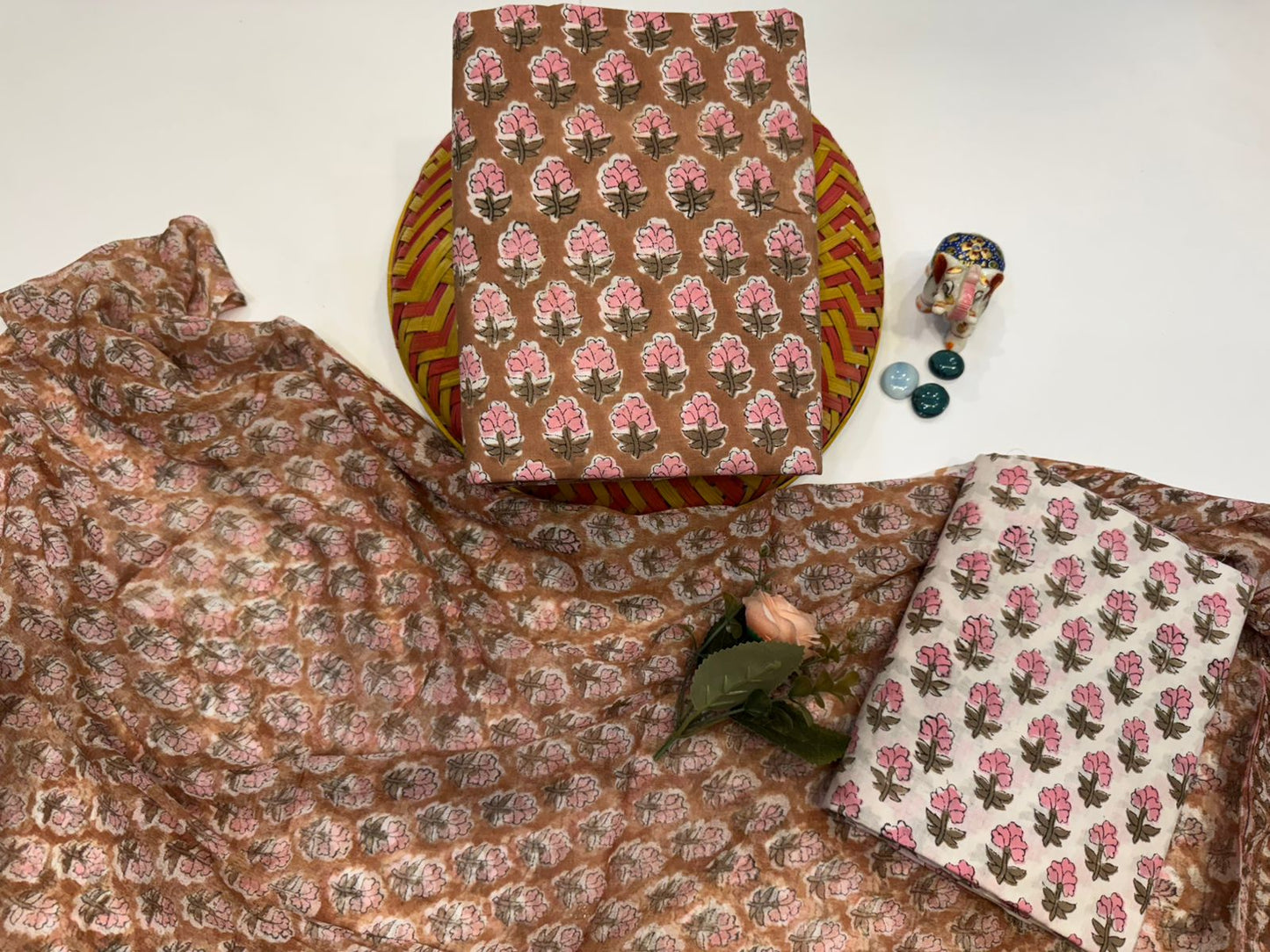 Hand Block Bagru and Sanganeri Printed Cotton 3PC Unstiched Suit With Chiffon Dupatta
