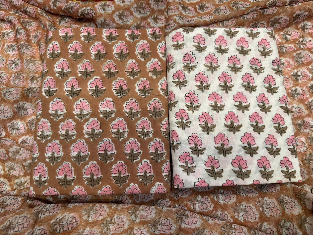 Hand Block Bagru and Sanganeri Printed Cotton 3PC Unstiched Suit With Chiffon Dupatta