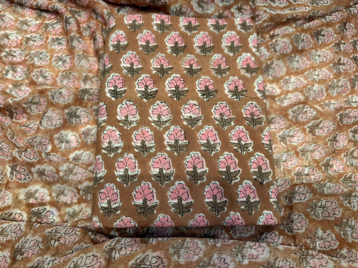Hand Block Bagru and Sanganeri Printed Cotton 3PC Unstiched Suit With Chiffon Dupatta