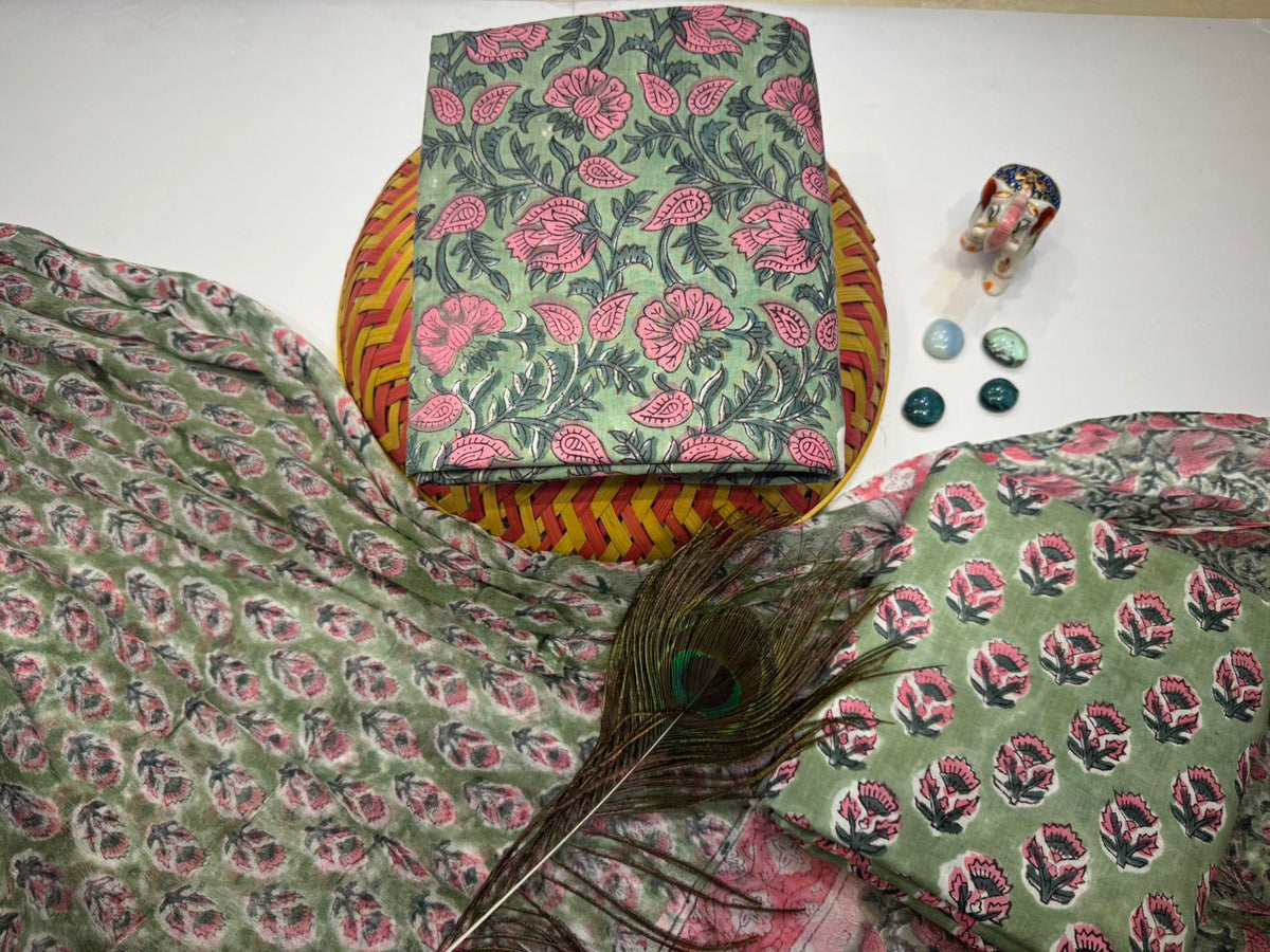 Hand Block Bagru and Sanganeri Printed Cotton 3PC Unstiched Suit With Chiffon Dupatta