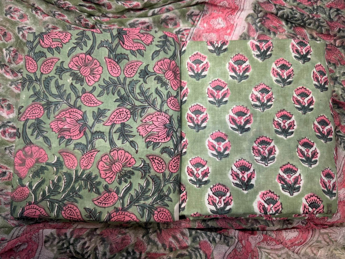 Hand Block Bagru and Sanganeri Printed Cotton 3PC Unstiched Suit With Chiffon Dupatta