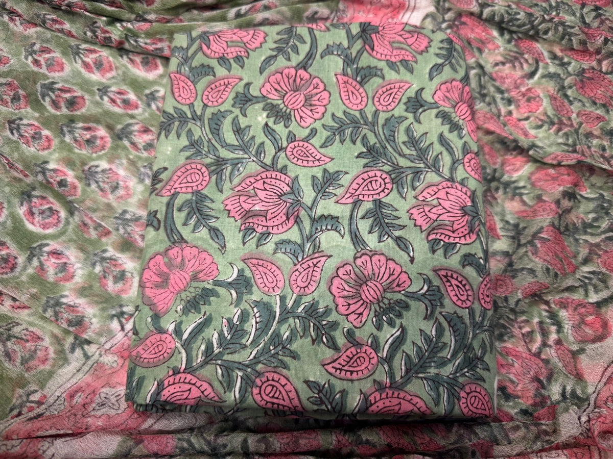 Hand Block Bagru and Sanganeri Printed Cotton 3PC Unstiched Suit With Chiffon Dupatta
