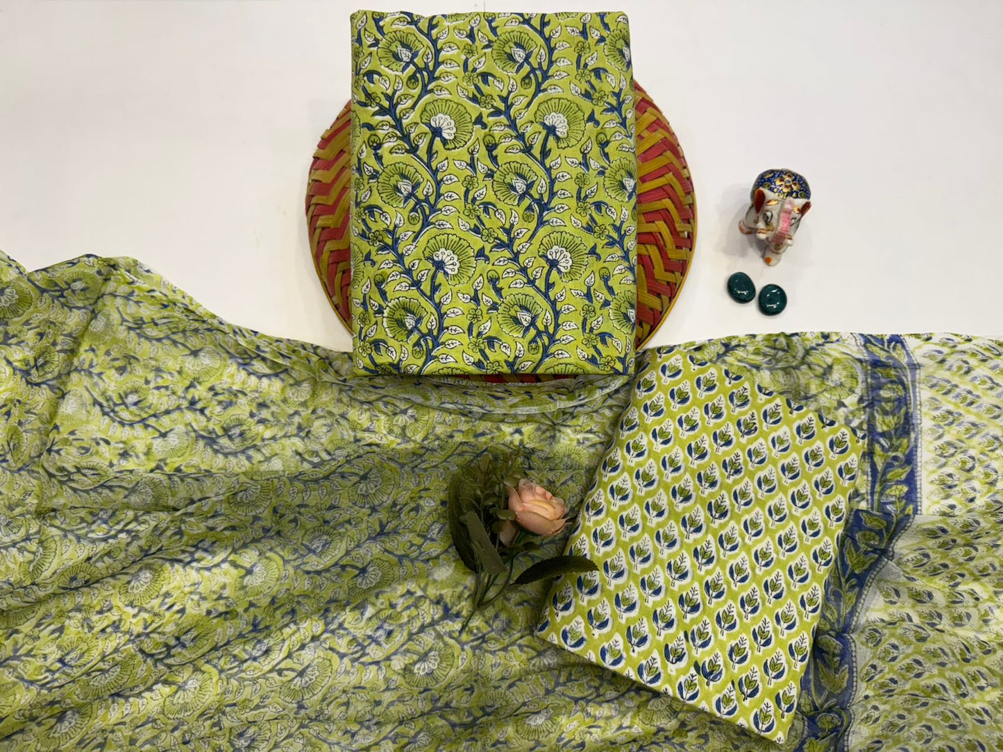 Hand Block Bagru and Sanganeri Printed Cotton 3PC Unstiched Suit With Chiffon Dupatta