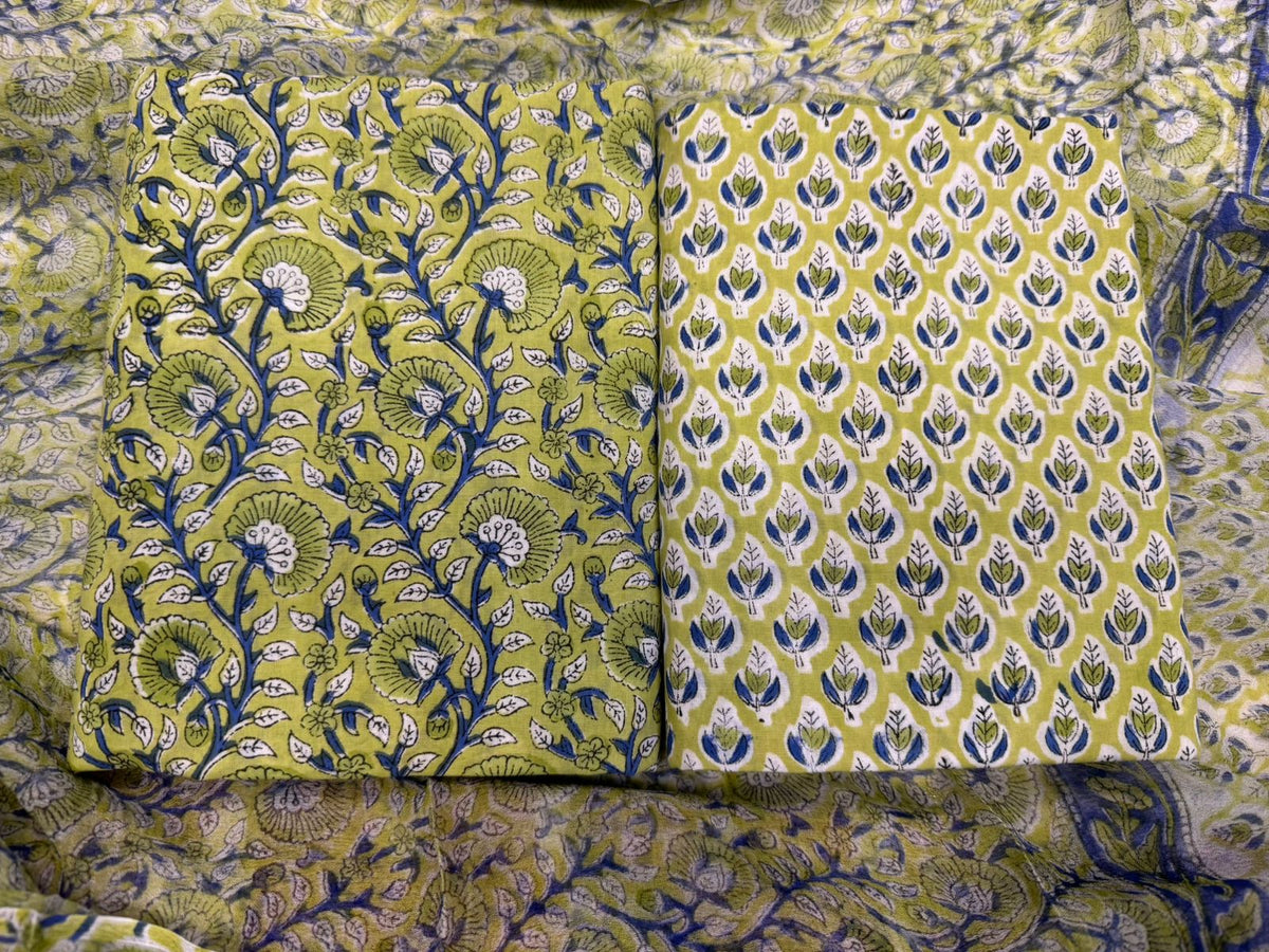 Hand Block Bagru and Sanganeri Printed Cotton 3PC Unstiched Suit With Chiffon Dupatta
