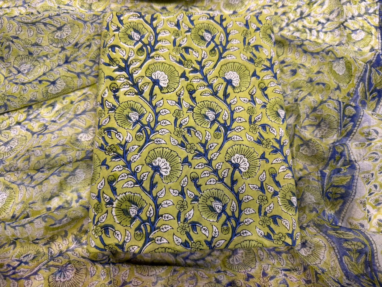 Hand Block Bagru and Sanganeri Printed Cotton 3PC Unstiched Suit With Chiffon Dupatta