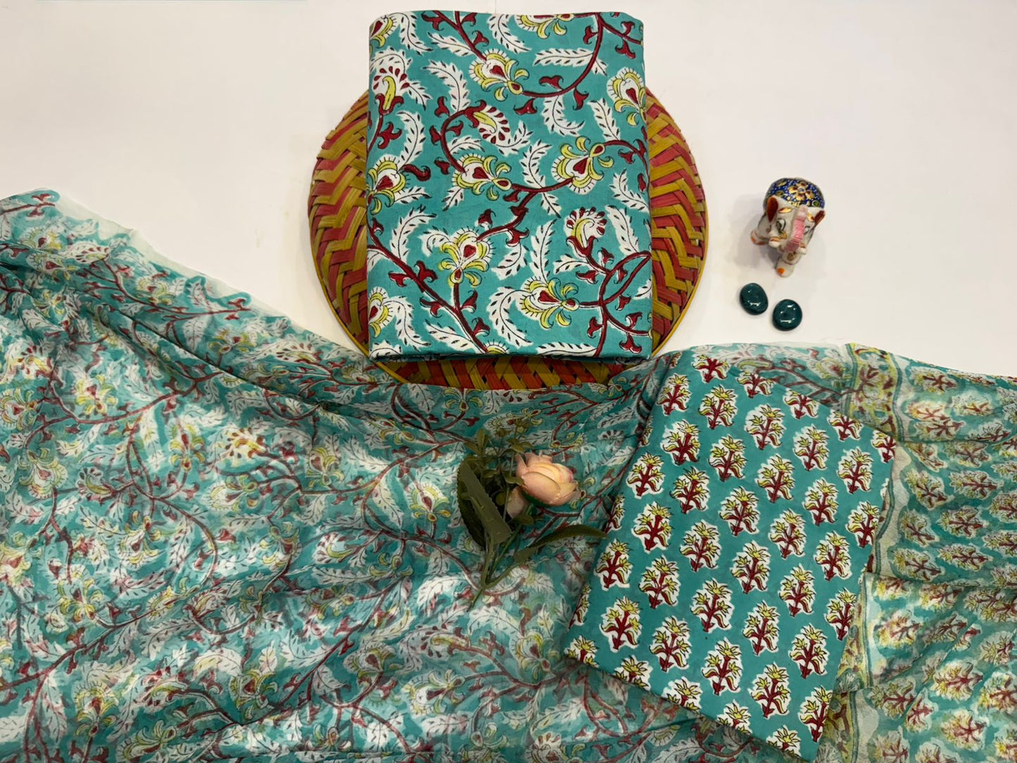 Hand Block Bagru and Sanganeri Printed Cotton 3PC Unstiched Suit With Chiffon Dupatta