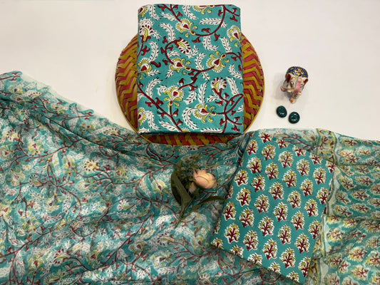 Hand Block Bagru and Sanganeri Printed Cotton 3PC Unstiched Suit With Chiffon Dupatta