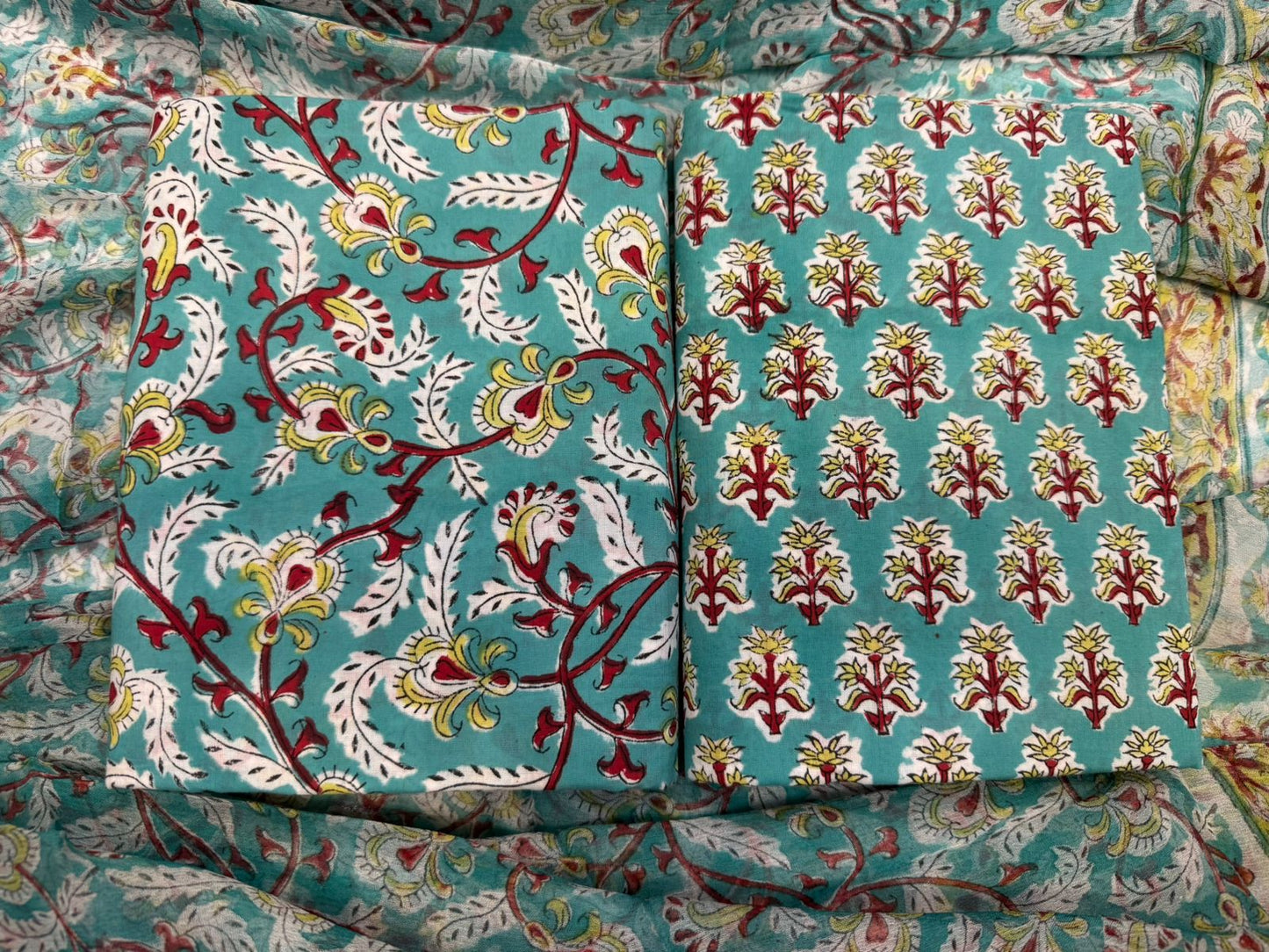 Hand Block Bagru and Sanganeri Printed Cotton 3PC Unstiched Suit With Chiffon Dupatta
