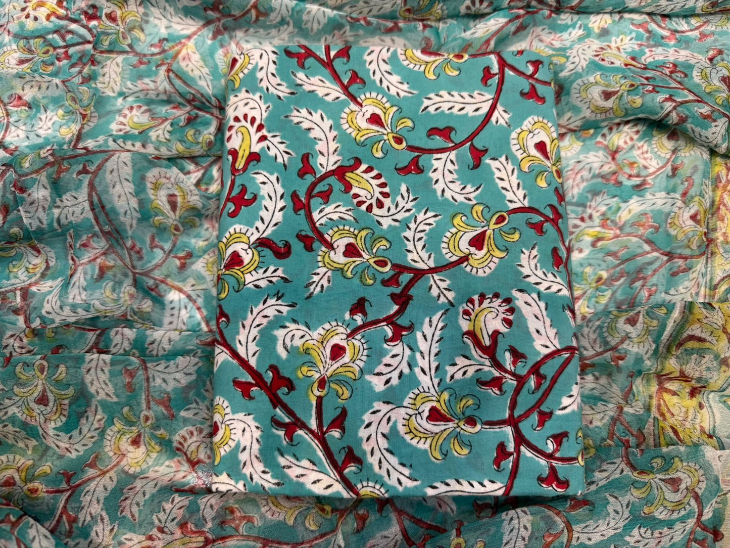 Hand Block Bagru and Sanganeri Printed Cotton 3PC Unstiched Suit With Chiffon Dupatta