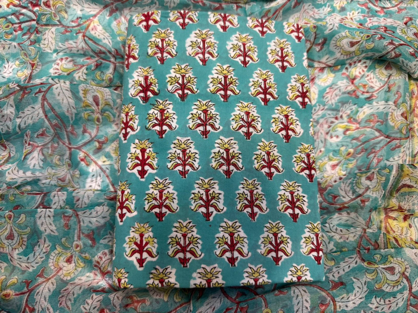Hand Block Bagru and Sanganeri Printed Cotton 3PC Unstiched Suit With Chiffon Dupatta