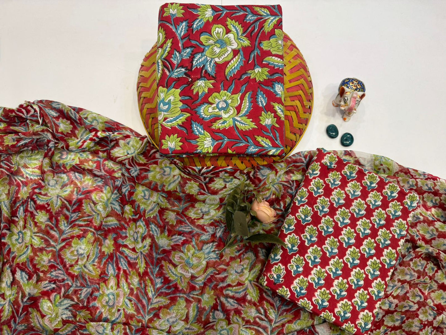 Hand Block Bagru and Sanganeri Printed Cotton 3PC Unstiched Suit With Chiffon Dupatta