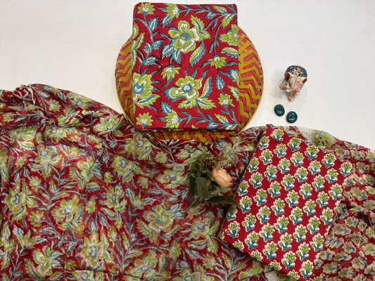 Hand Block Bagru and Sanganeri Printed Cotton 3PC Unstiched Suit With Chiffon Dupatta