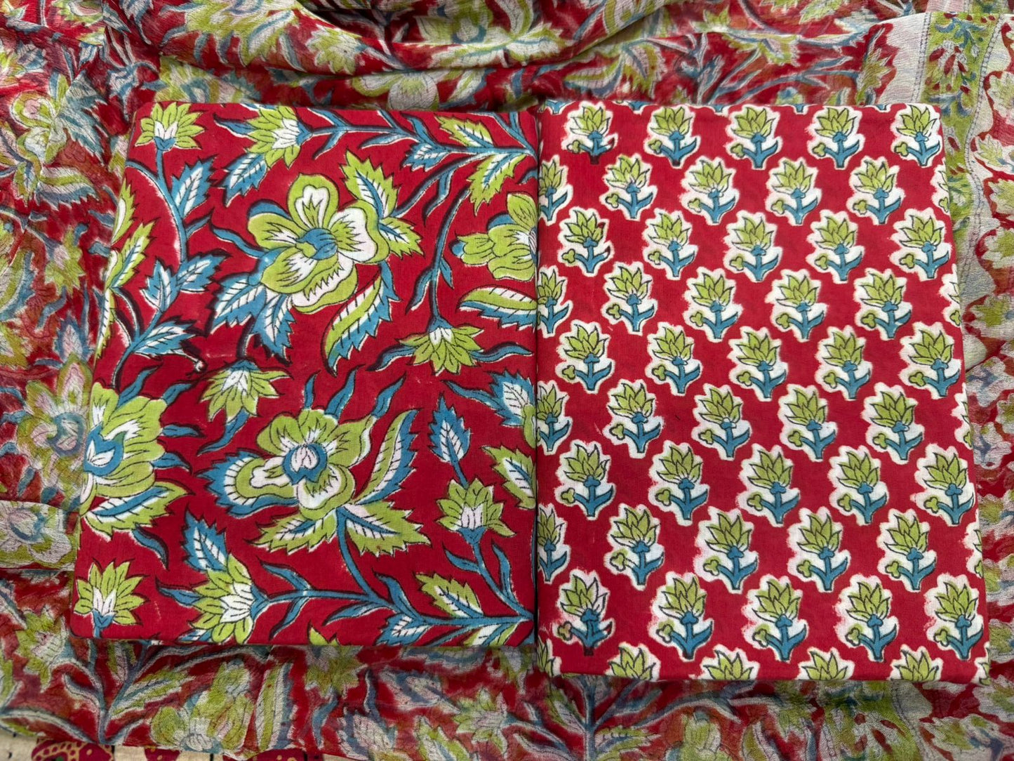 Hand Block Bagru and Sanganeri Printed Cotton 3PC Unstiched Suit With Chiffon Dupatta