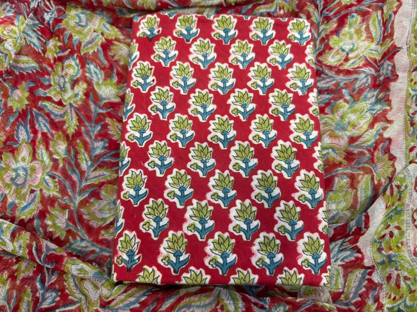 Hand Block Bagru and Sanganeri Printed Cotton 3PC Unstiched Suit With Chiffon Dupatta